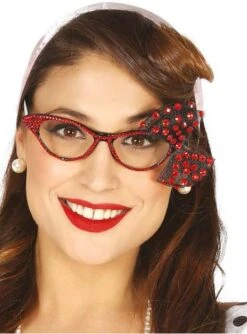 Gafas Años 50 Con Brillantes Y Lazo Rojo Para Mujer