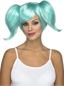 Peluca Corta Con Coletas Cortas Turquesa Para Mujer