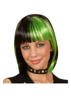 Peluca Negra Con Mechas Verdes para Mujer