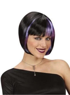 Peluca Negra Con Mechas Violetas para Mujer