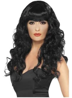 Peluca Negra Larga Con Flequillo