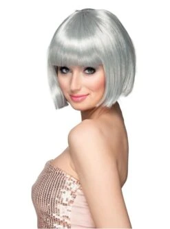 Peluca Plateada Media Melena Con Flequillo Para Mujer -Funidelia peluca plateada media melena con flequillo para mujer 1