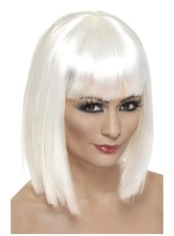 Peluca Recta Con Flequillo Blanca Para Mujer